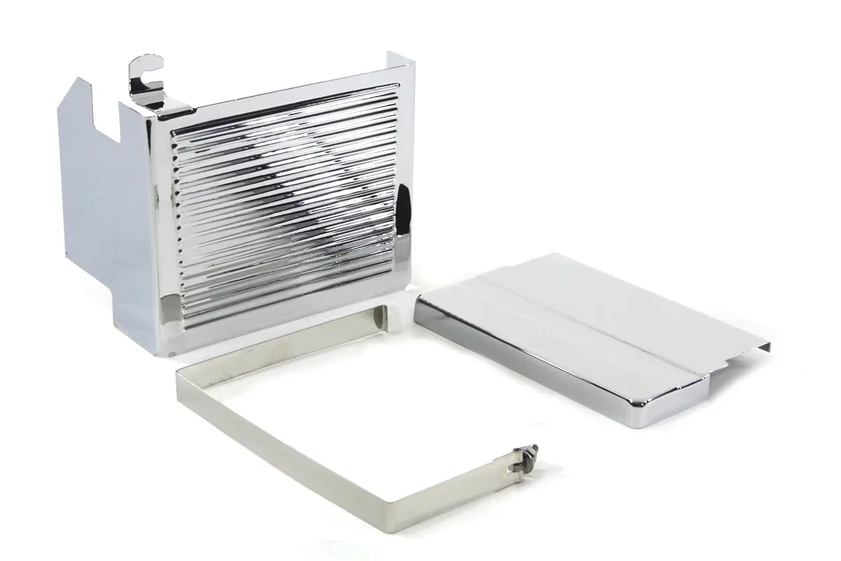 Chrome Ribbed Battery Cover Kit Top, Side & Stainless Steel Strap Fits Harley Flh 1970-1984 1