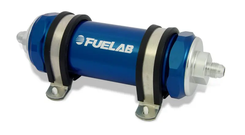 Fuelab 828 Inline Fuel Filter – -8An Inlet/Outlet, 100-Micron Stainless Steel Element, Blue Housing 1