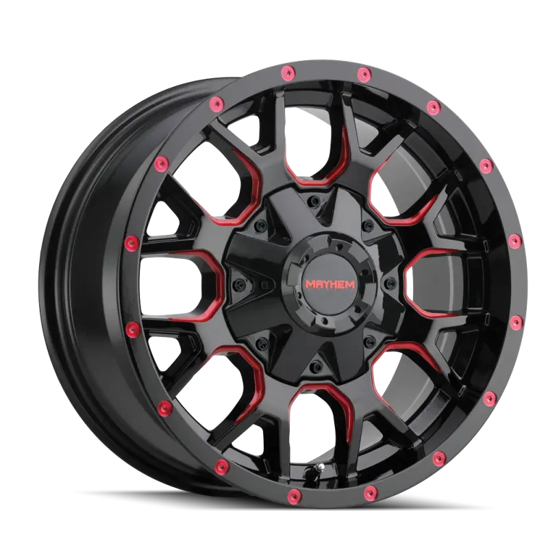 Mayhem 8015 Warrior Forged Alloy Wheel – 18X9 Inch, 8X180 Bolt Pattern, +18Mm Offset, 124.1Mm Hub Bore, Black W/ Prism Red Accents 1