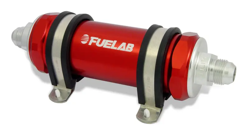 Fuelab 858 Inline Fuel Filter – Stainless Steel, -8An Inlet / -10An Outlet, 40-Micron, Integrated Check Valve (Red) 1